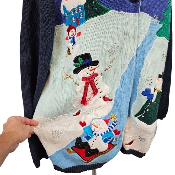 Quacker Factory Blue Button Up Snowman Christmas‎ Cardigan Size Large Women's - Picture 3 of 8